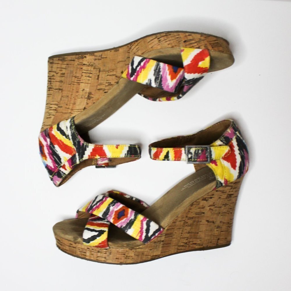 TOMS colorful Ikat‎ cork wedge sandal size 8.5